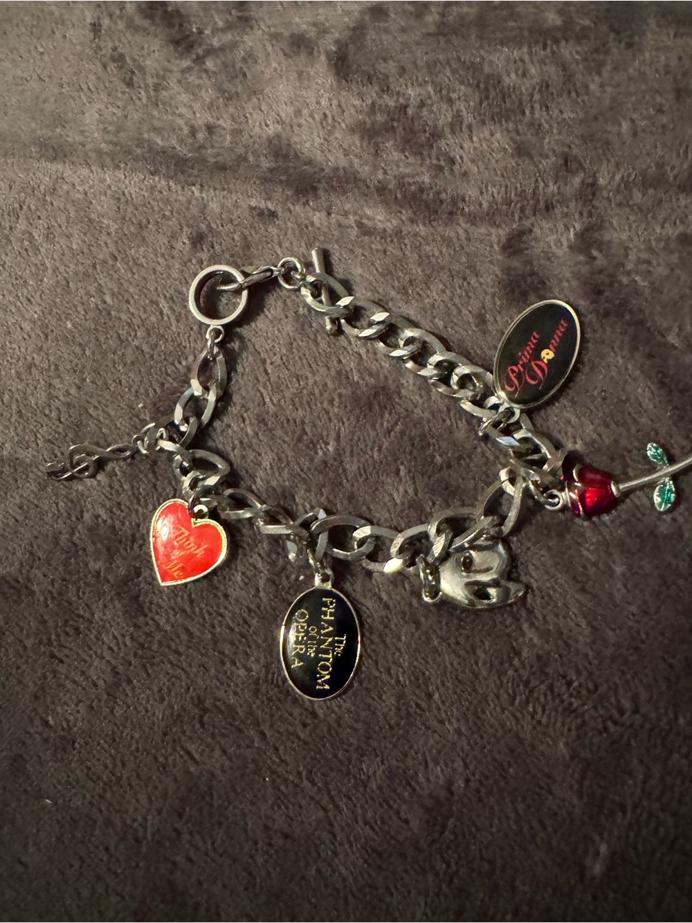 Phantom of the Opera Silver Charm Bracelet with Red Heart & Rose Charms
